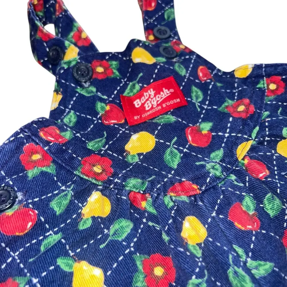 Vintage 90 Oshkosh B'Gosh blue Fruit Apple Pear Floral romper overalls girl 3-6m